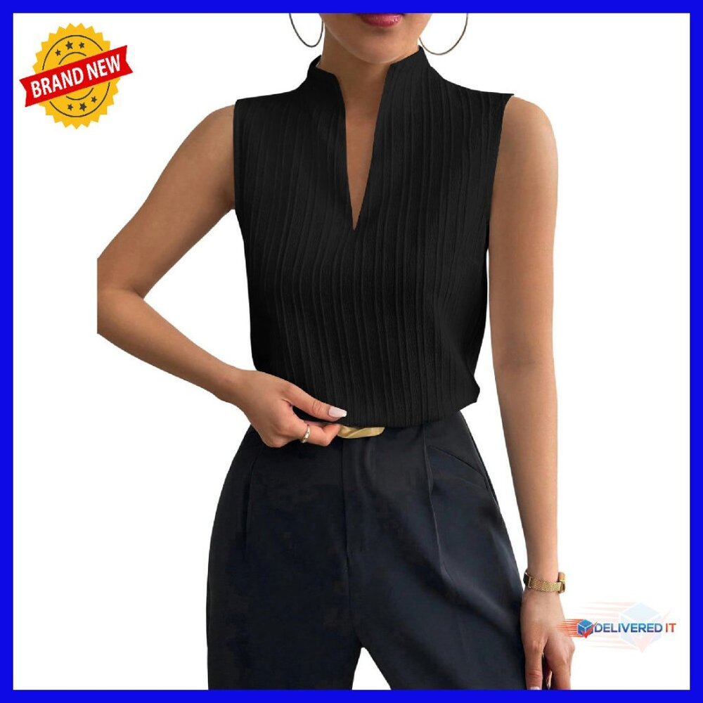 Sleeveless V-Neck Striped Blouse, Lightweight Fabric, Office Casual